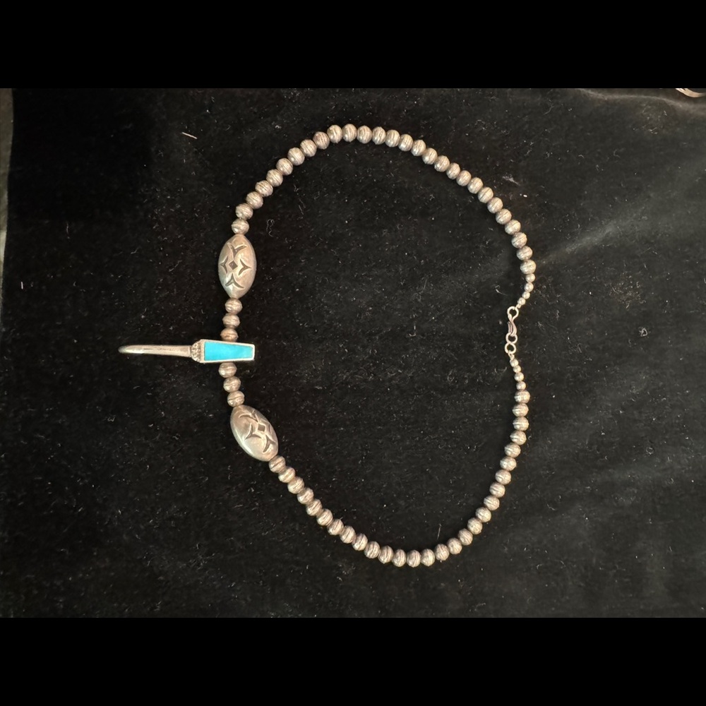 Vintage Southwestern Sterling Silver Beaded Turquoise Necklace - Picture 2 of 6